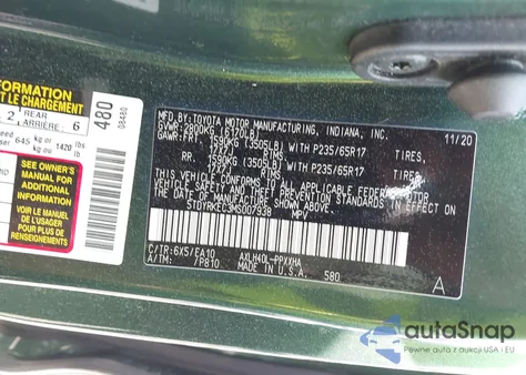 2021 Toyota Sienna Xle z USA, uszkodzony, nr VIN 5TDYRKEC3MS007938